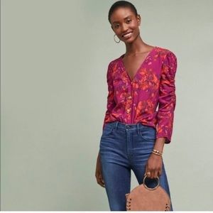 Maeve Anthropologie Jourdain Blouse Floral Ruched Sleeve Size M